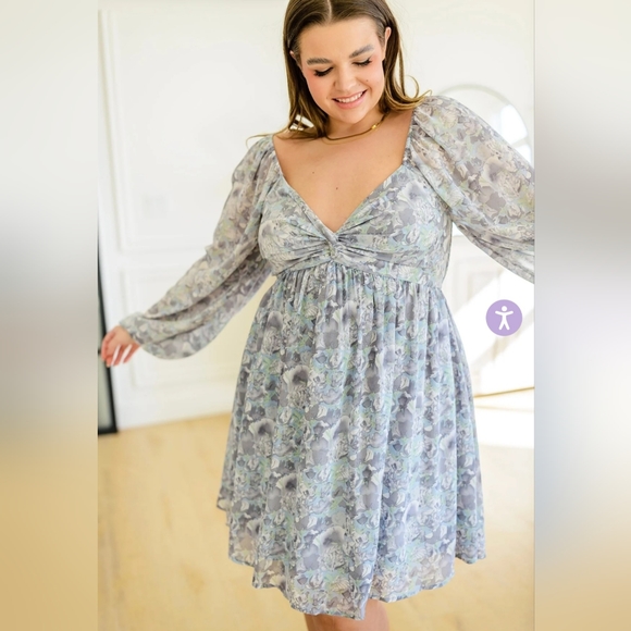 NWT Mittoshop Blue Gray Floral Princess Neckline Boho Midi Dress Size Large - Picture 14 of 15